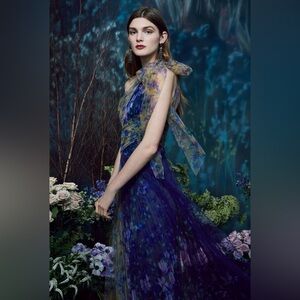 NWT MARCHESA NOTTE One-Shoulder Bow-Detail Tulle Gown In Navy. Size 12